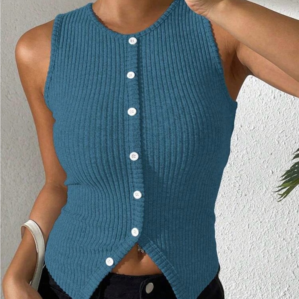 SHEIN Blue Ribbed Asymmetrical Tank Top - Picture 1 of 5